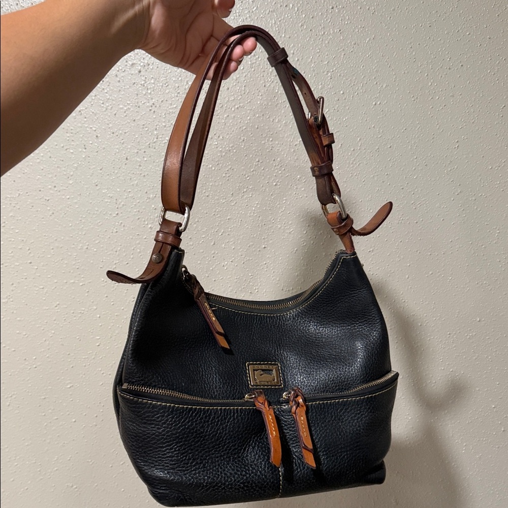 Dooney & Bourke Black Pebble Leather Shoulder Bag with Brown Trim